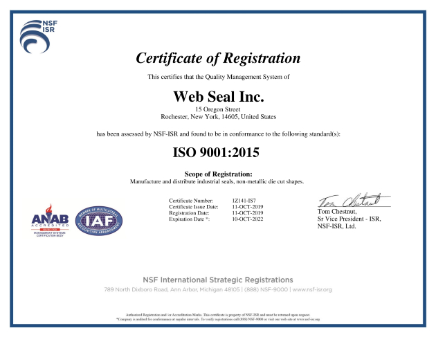 ISO 9001:2015 certificate for Web Seal custom gaskets, o-rings and seals
